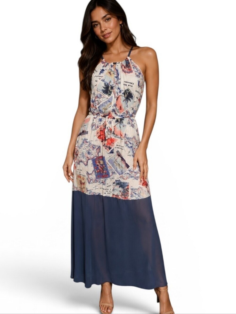 Peter Som St. Barth Travel Print Colorblock Maxi Dress Resort Vacation Medium